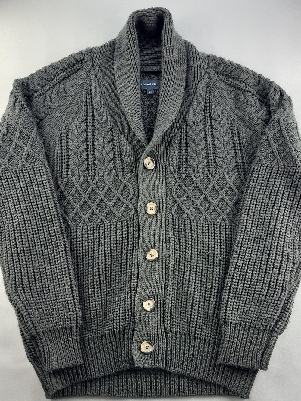 Logan Hill Men's Shawl Collar Cable Knit Cardigan Sweater - Charcoal Grey
